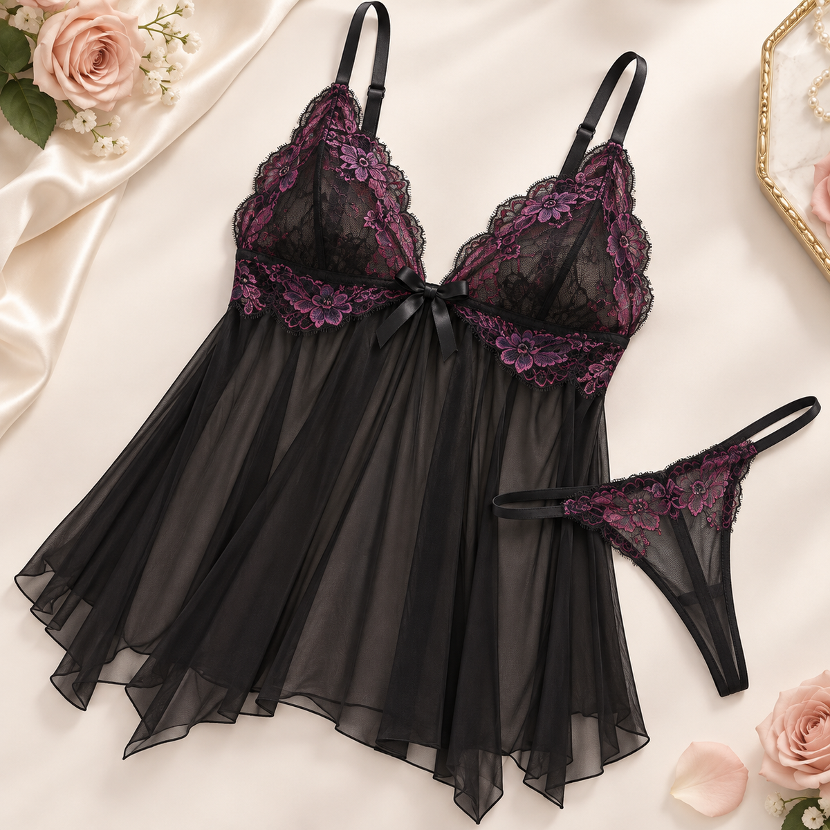 Luvenest lace babydoll lingerie set lifestyle flat lay