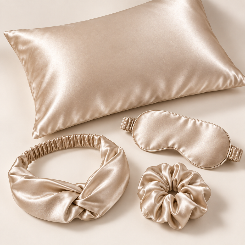 Luvenest Satin Beauty Sleep Set flat lay in Champagne