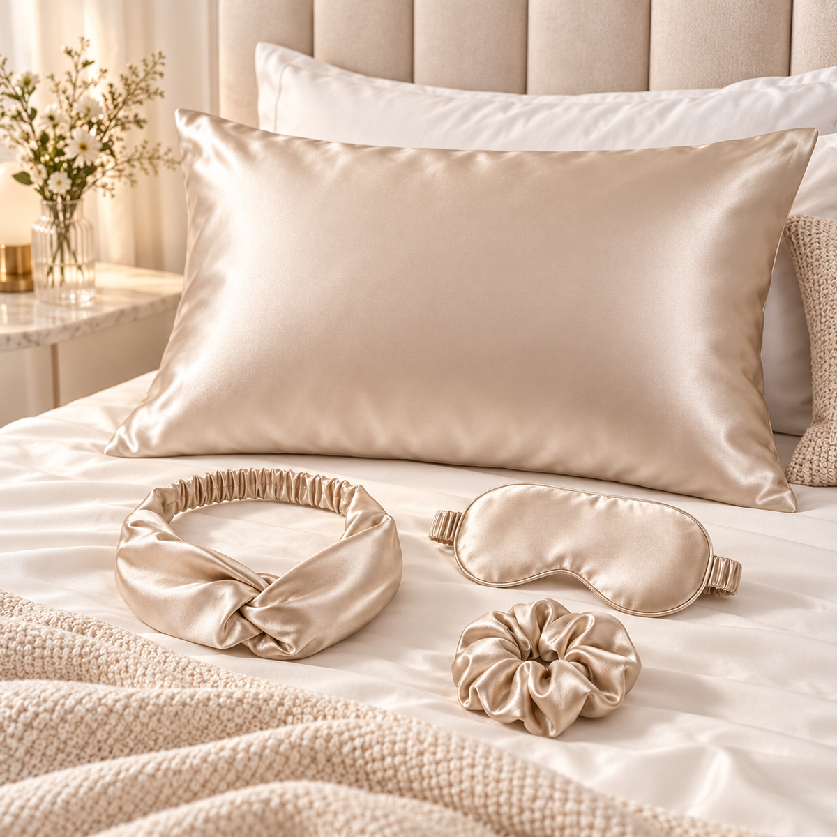 Luvenest Satin Beauty Sleep Set styled on a bed