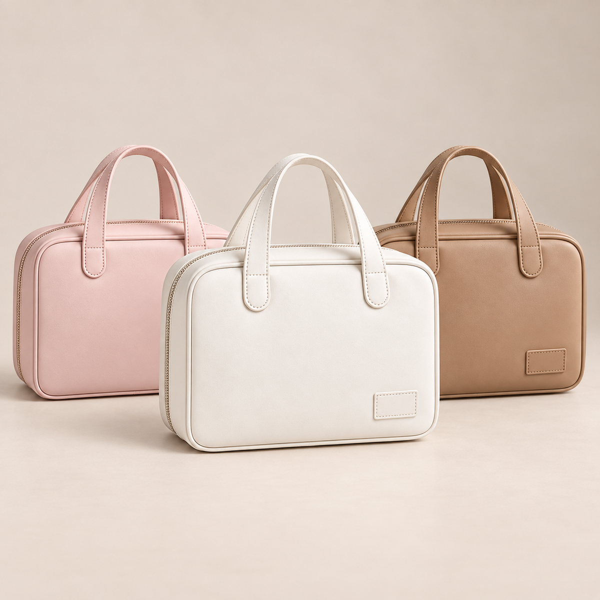 Luvenest Travel Makeup Bag colors: Ivory White, Rose Pink and Caramel Mocha